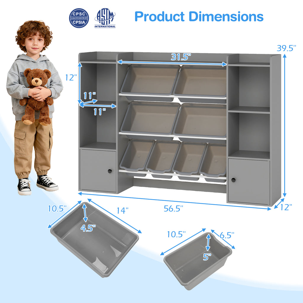 Kids Toy Storage and Bookshelf with Boxes and Open Shelves - 56.5 Inch Gray