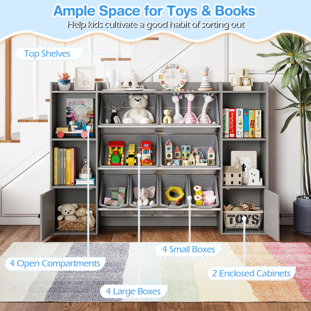 Kids Toy Storage and Bookshelf with Boxes and Open Shelves - 56.5 Inch Gray