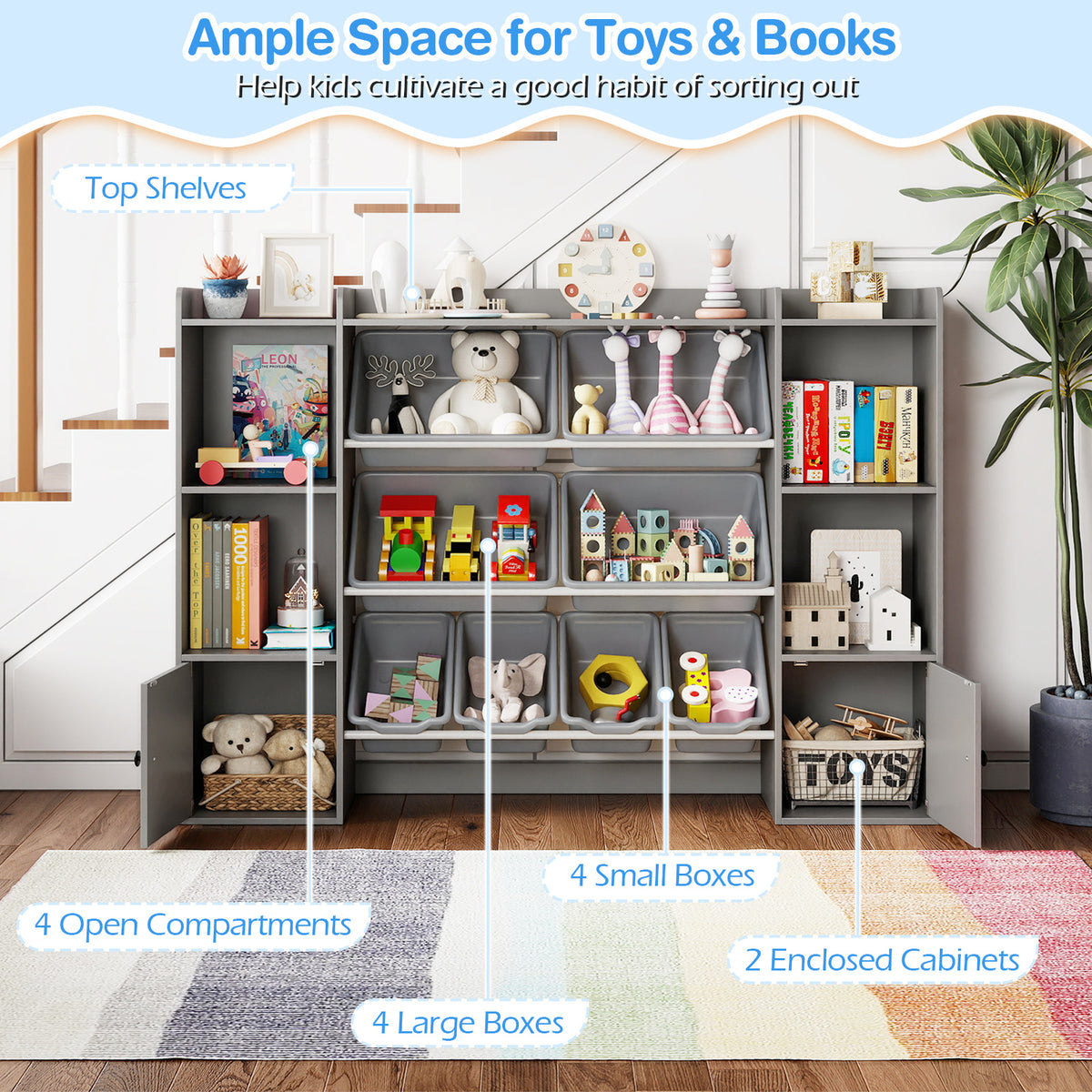 Kids Toy Storage and Bookshelf with Boxes and Open Shelves - 56.5 Inch Gray