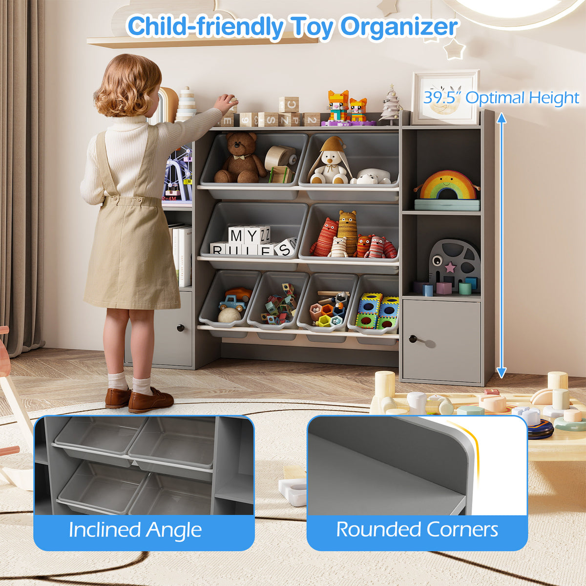 Kids Toy Storage and Bookshelf with Boxes and Open Shelves - 56.5 Inch Gray