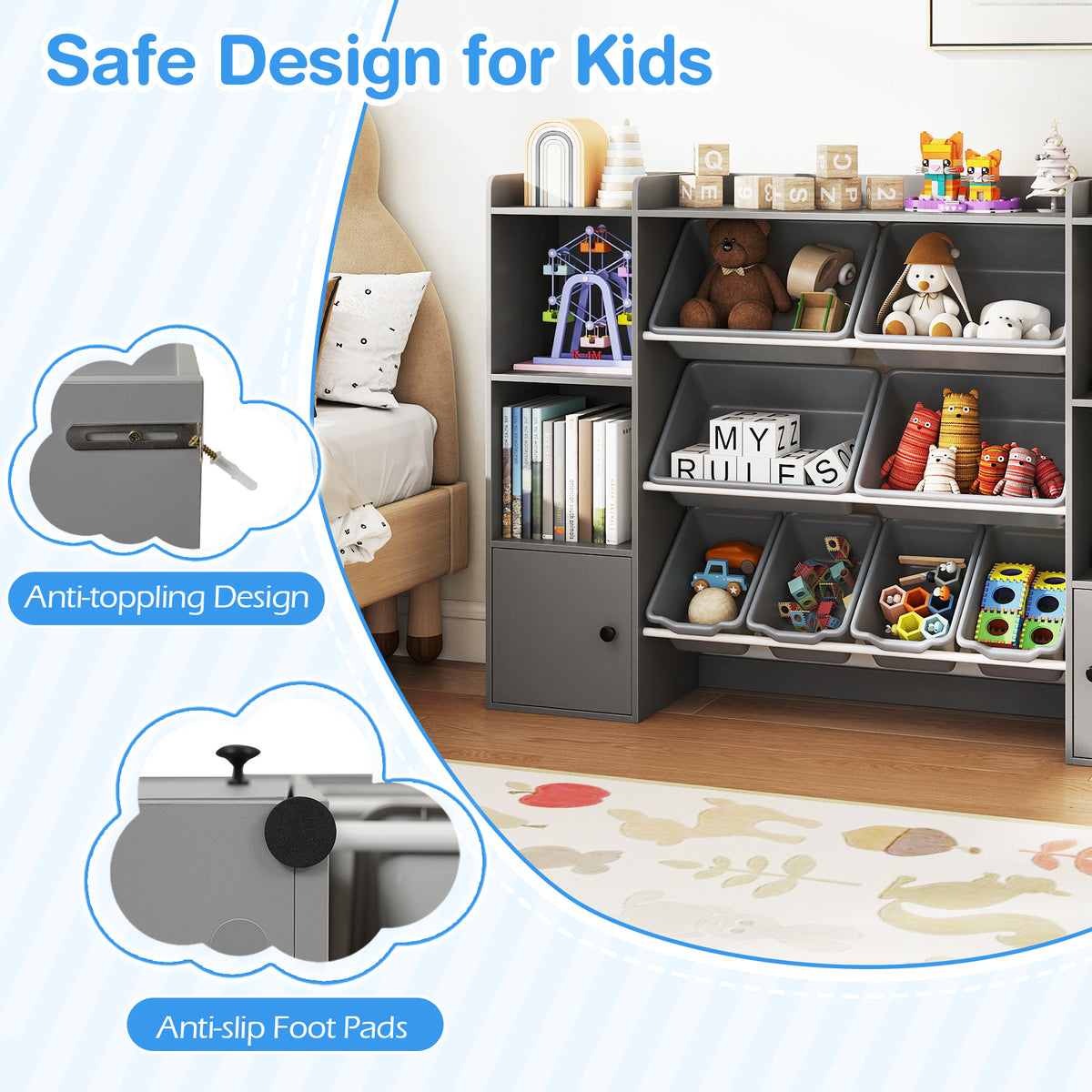 Kids Toy Storage and Bookshelf with Boxes and Open Shelves - 56.5 Inch Gray