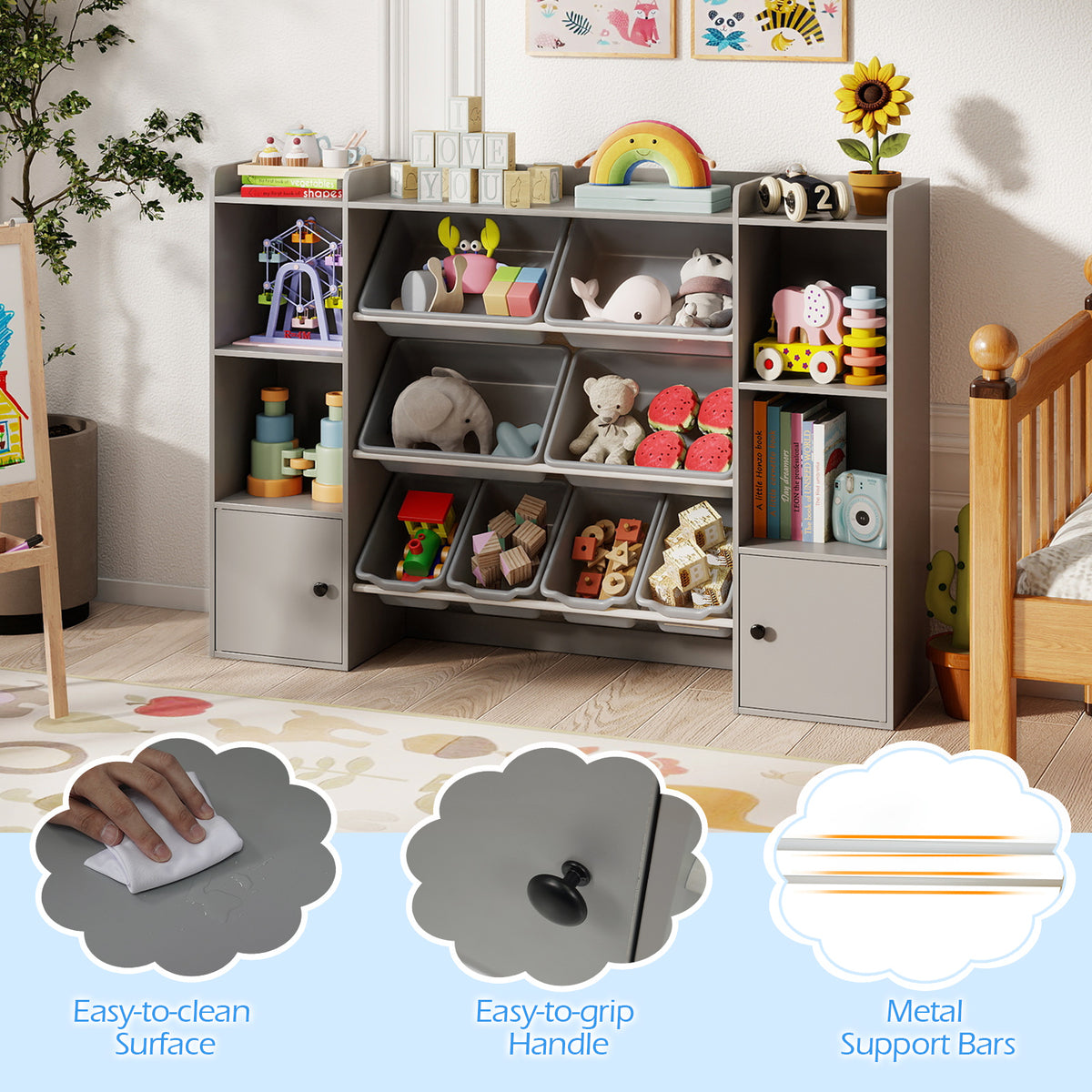 Kids Toy Storage and Bookshelf with Boxes and Open Shelves - 56.5 Inch Gray