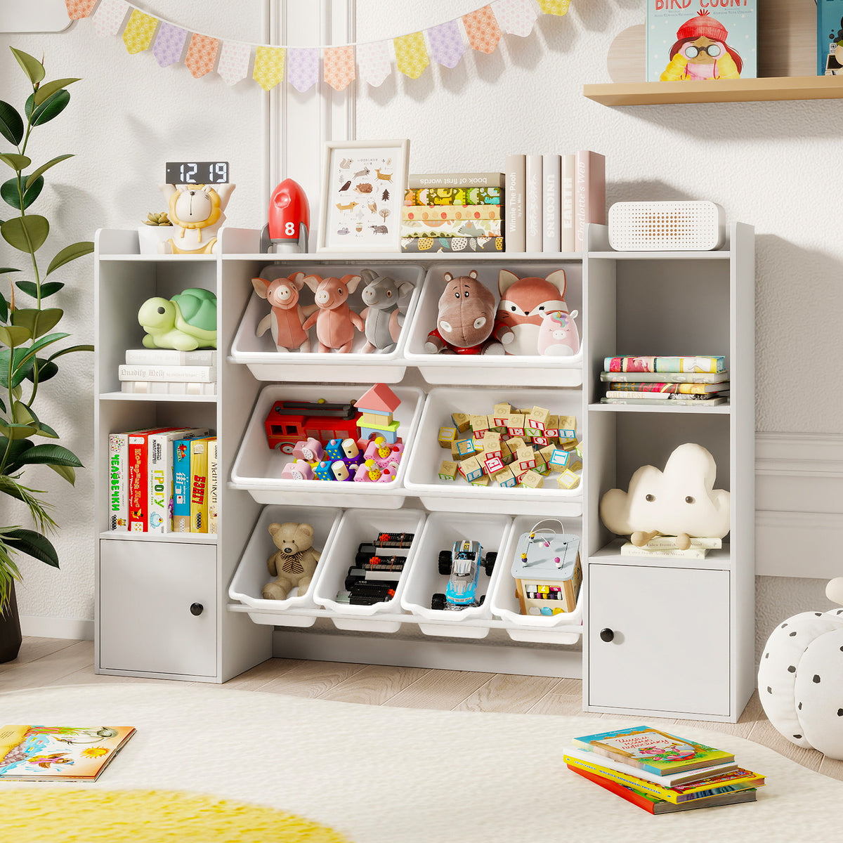 Kids Toy Storage and Bookshelf with Boxes and Shelves - 56.5 Inch White