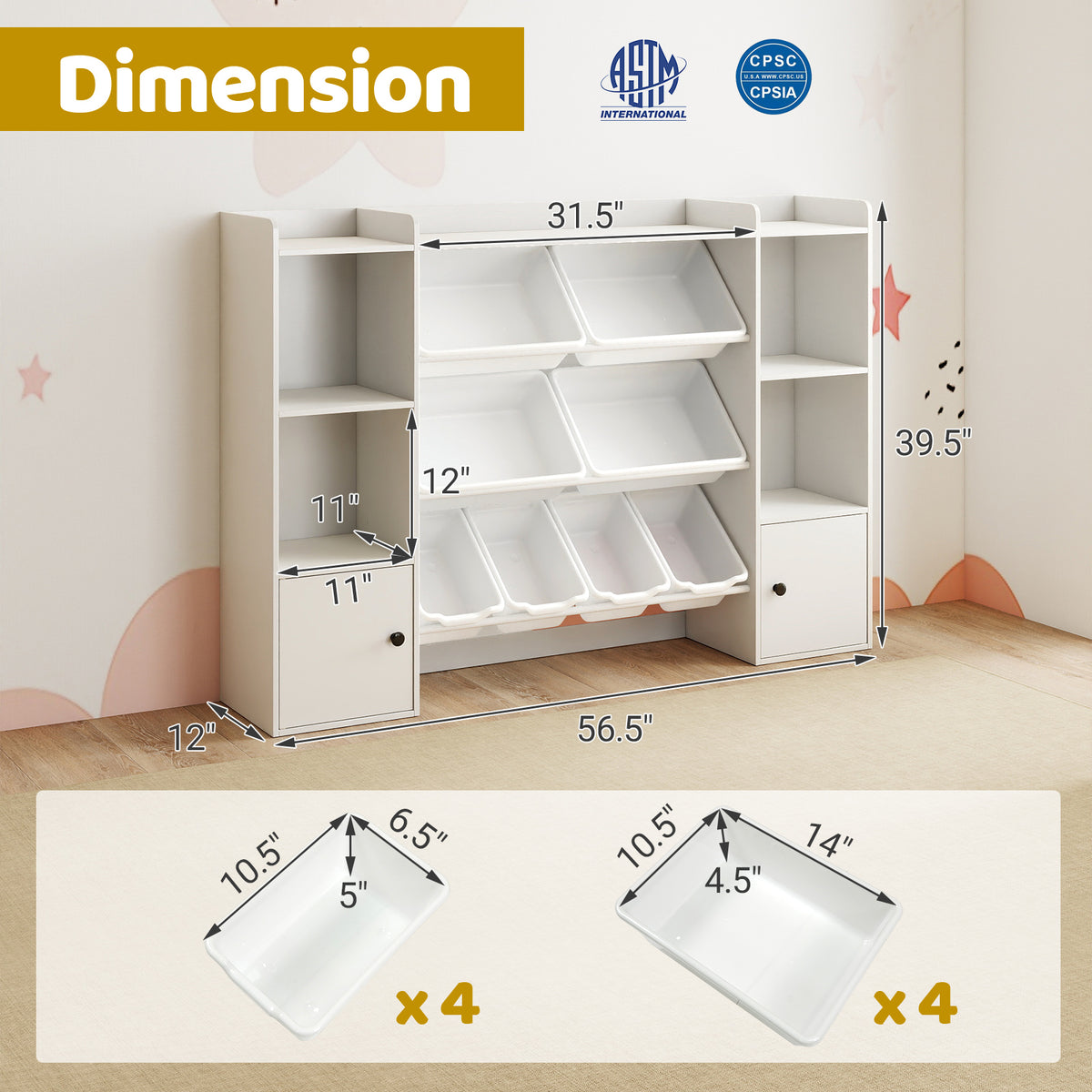 Kids Toy Storage and Bookshelf with Boxes and Shelves - 56.5 Inch White