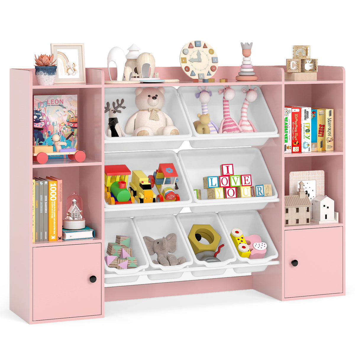 Kids Toy Storage and Bookshelf with Boxes & Shelves - Pink, 56.5 Inch