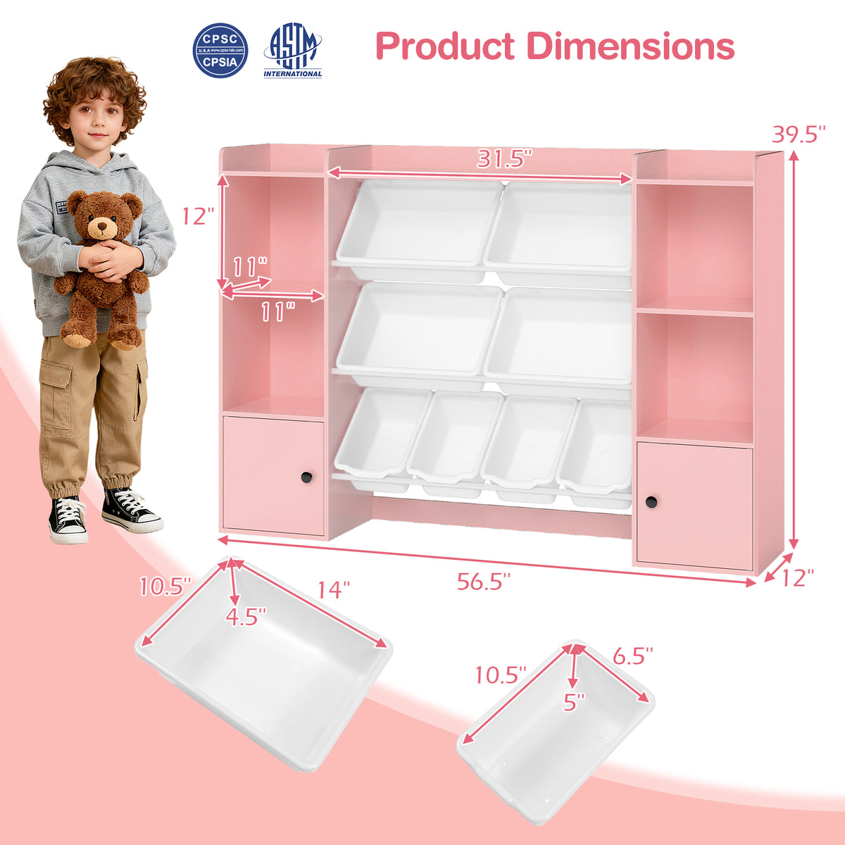 Kids Toy Storage and Bookshelf with Boxes & Shelves - Pink, 56.5 Inch