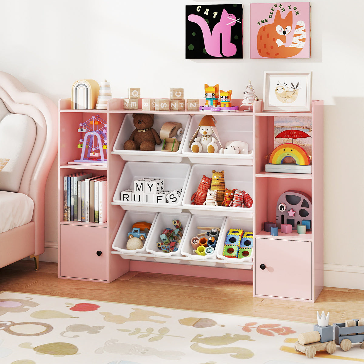 Kids Toy Storage and Bookshelf with Boxes and Shelves - 56.5 Inch White
