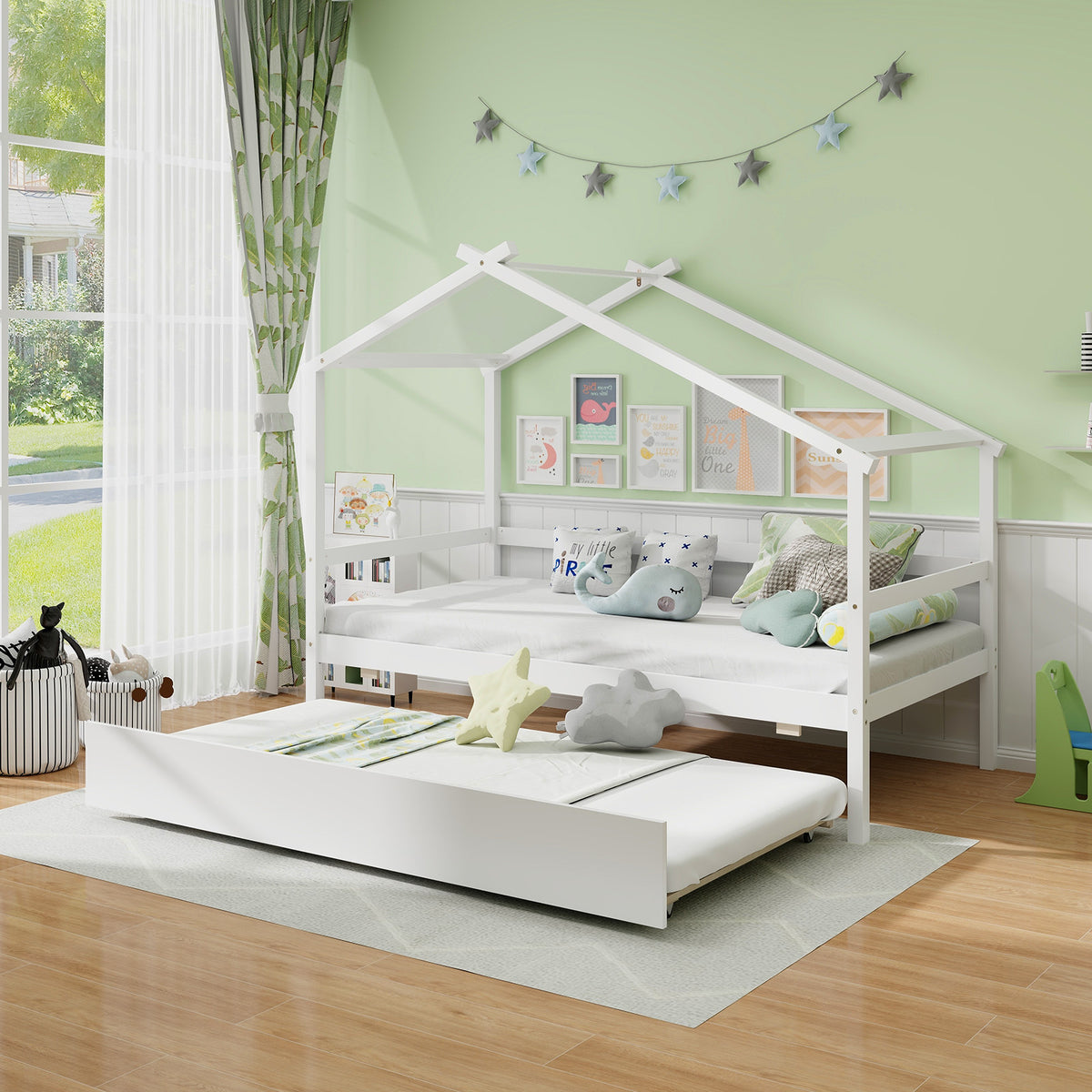 Kids Twin House Bed with Trundle - White