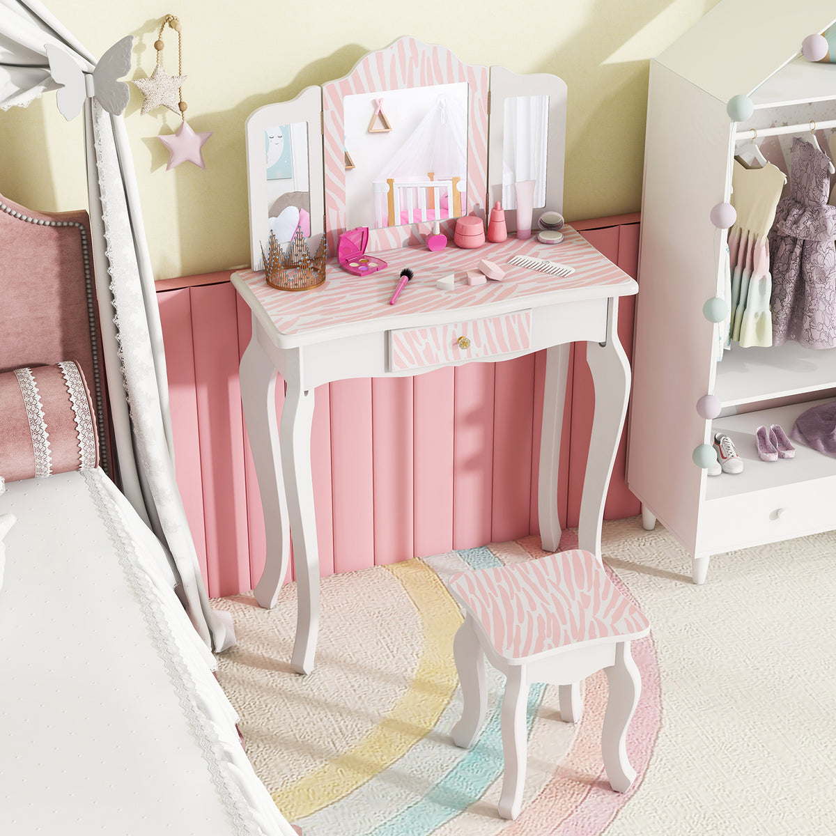 Kids Vanity Set with Drawer and 3 Makeup Accessories Pink - Wooden & Acrylic Mirror