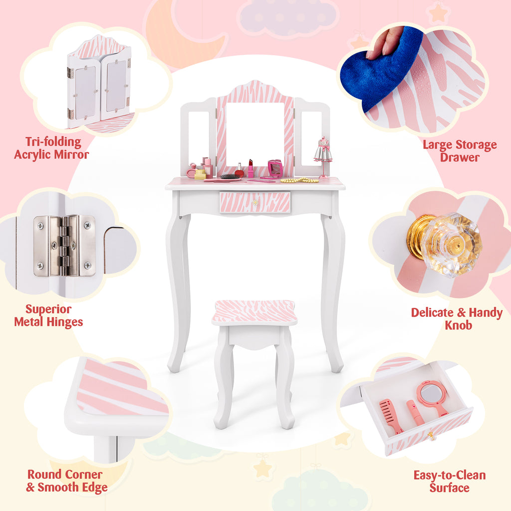 Kids Vanity Set with Drawer and 3 Makeup Accessories Pink - Wooden & Acrylic Mirror