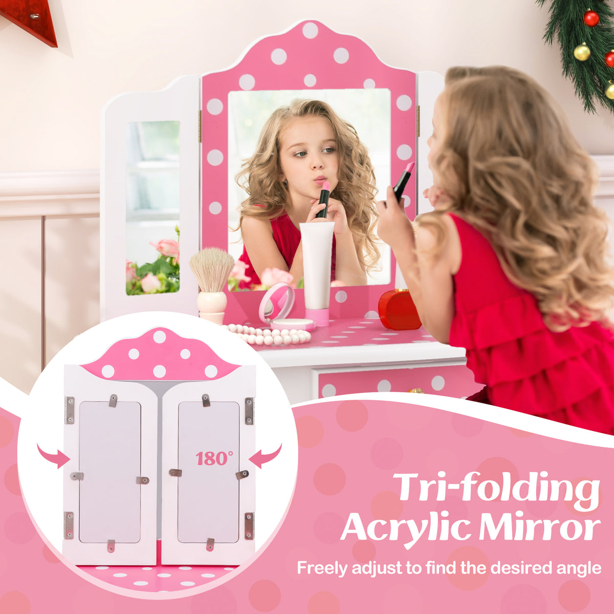 Princess Pretend Play Makeup Dressing Table with Polka Dot Print - Pink & Polka Dot Variation