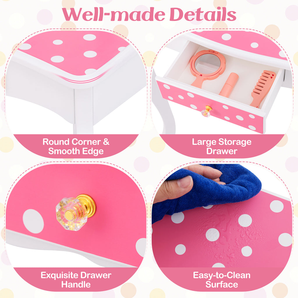 Princess Pretend Play Makeup Dressing Table with Polka Dot Print - Pink & Polka Dot Variation