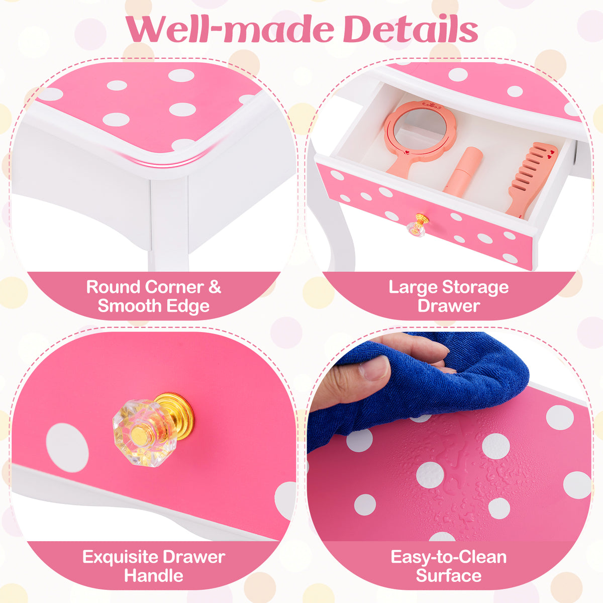 Princess Pretend Play Makeup Dressing Table with Polka Dot Print - Pink & Polka Dot Variation