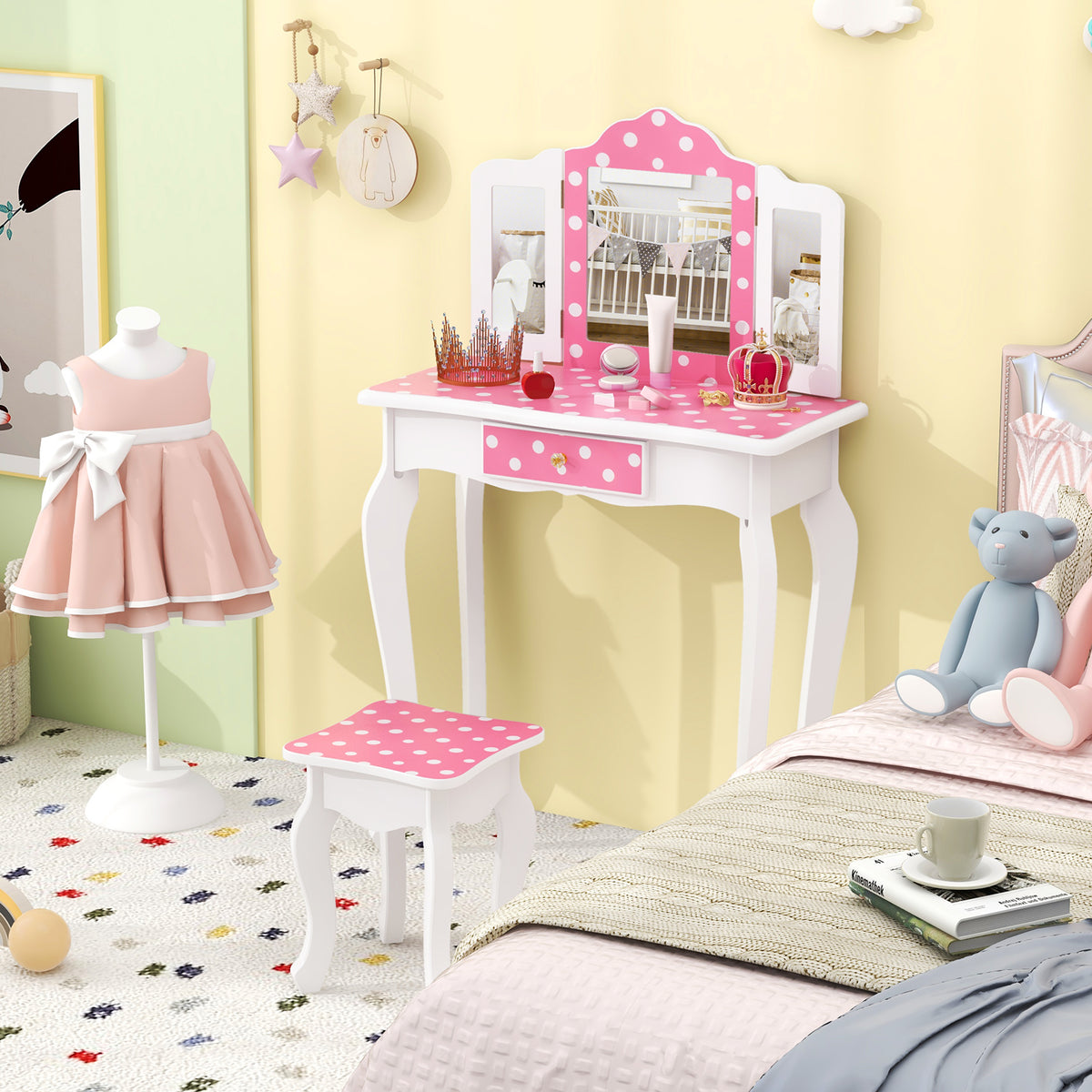 Princess Pretend Play Makeup Dressing Table with Polka Dot Print - Pink & Polka Dot Variation