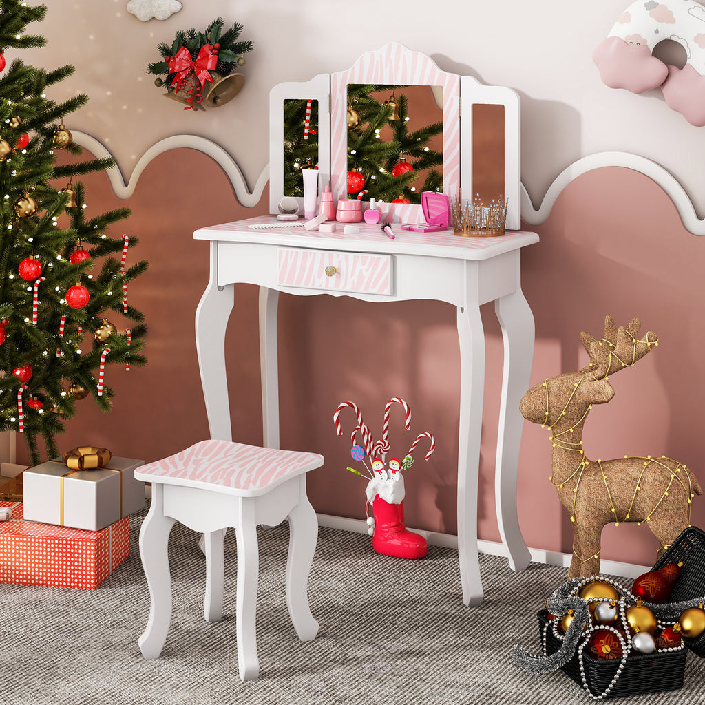 Kids Vanity Set with Drawer and 3 Makeup Accessories Pink - Wooden & Acrylic Mirror