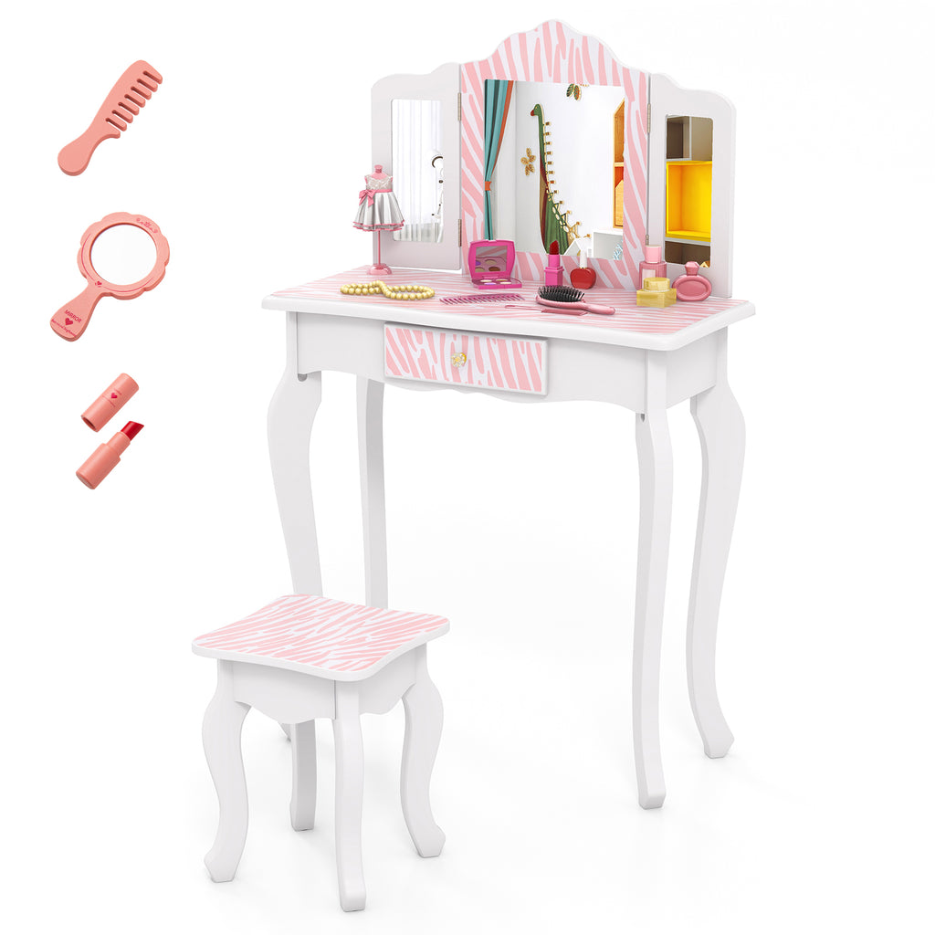 Kids Vanity Set with Drawer and 3 Makeup Accessories Pink - Wooden & Acrylic Mirror