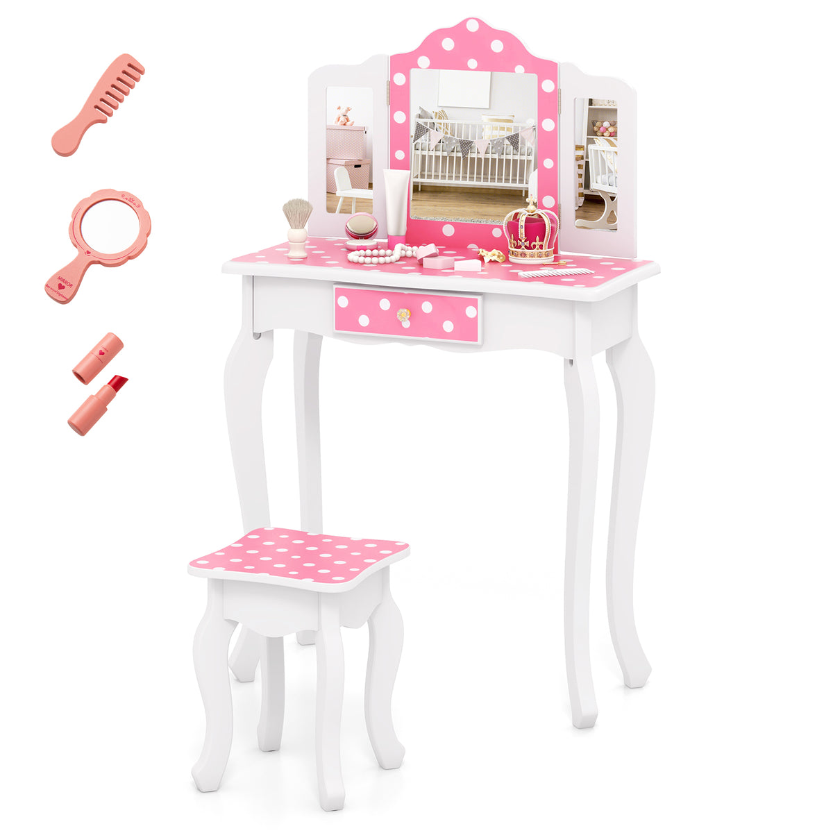 Princess Pretend Play Makeup Dressing Table with Polka Dot Print - Pink & Polka Dot Variation
