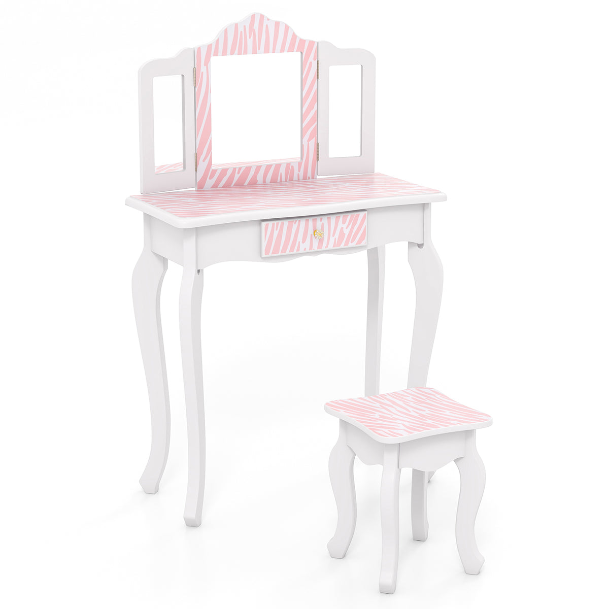 Kids Vanity Set with Drawer and 3 Makeup Accessories Pink - Wooden & Acrylic Mirror