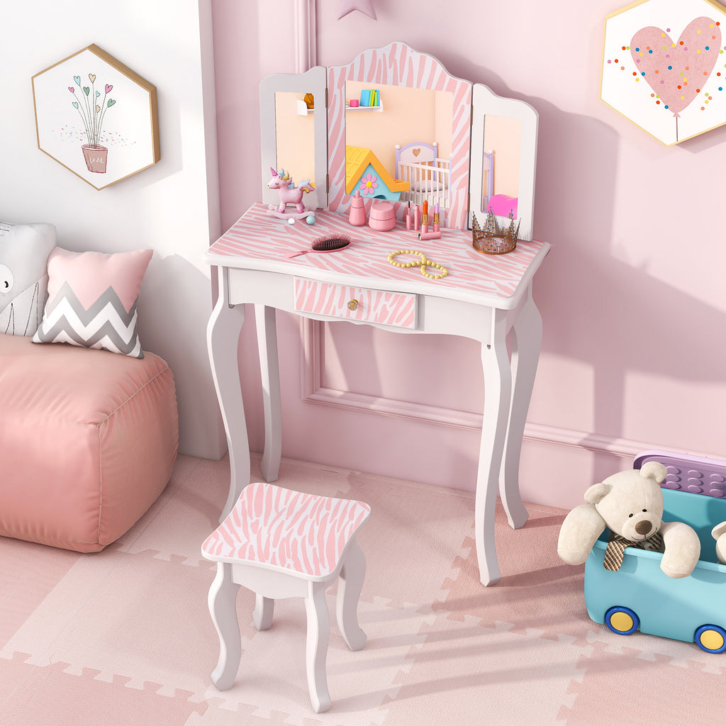 Kids Vanity Set with Drawer and 3 Makeup Accessories Pink - Wooden & Acrylic Mirror