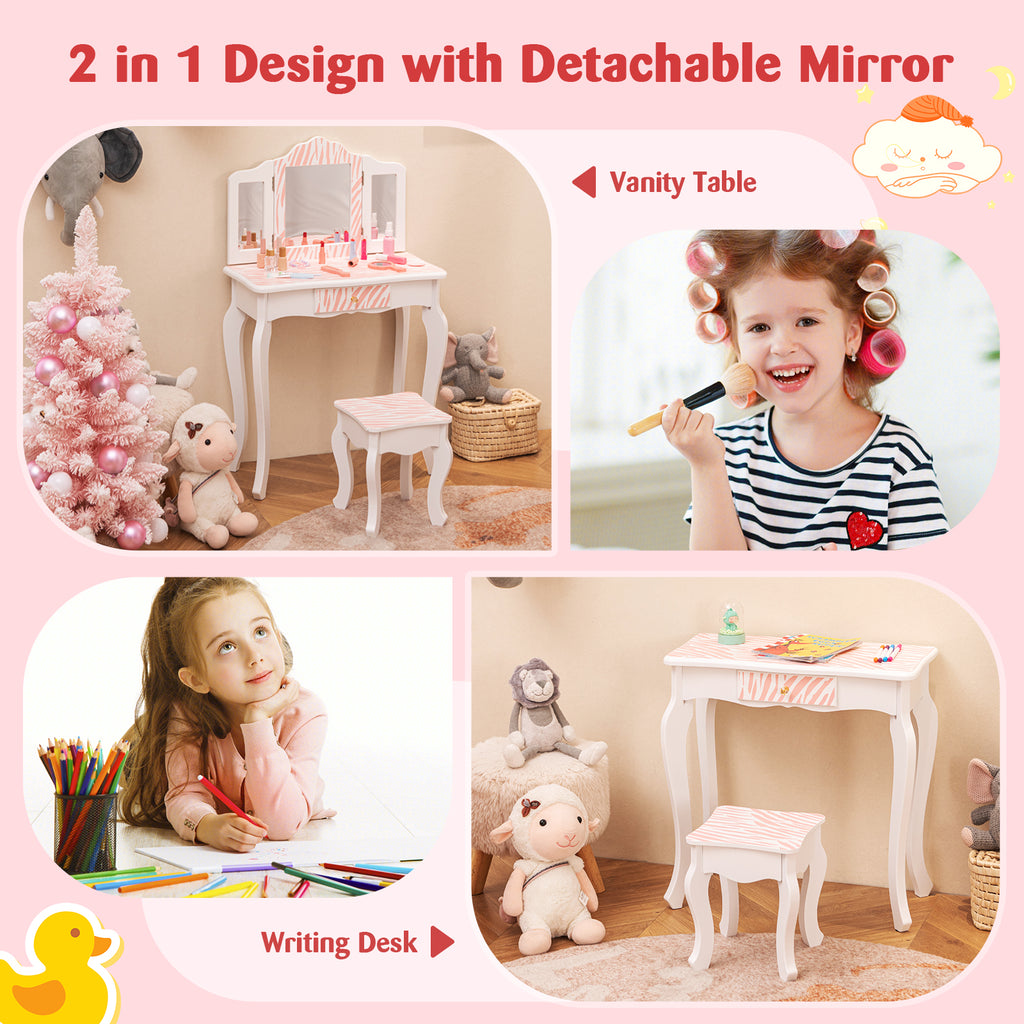 Kids Vanity Set with Drawer and 3 Makeup Accessories Pink - Wooden & Acrylic Mirror