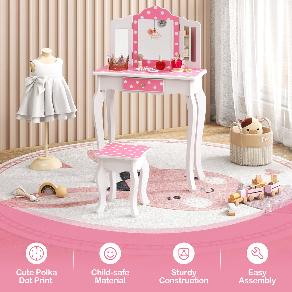 Princess Pretend Play Makeup Dressing Table with Polka Dot Print - Pink & Polka Dot Variation