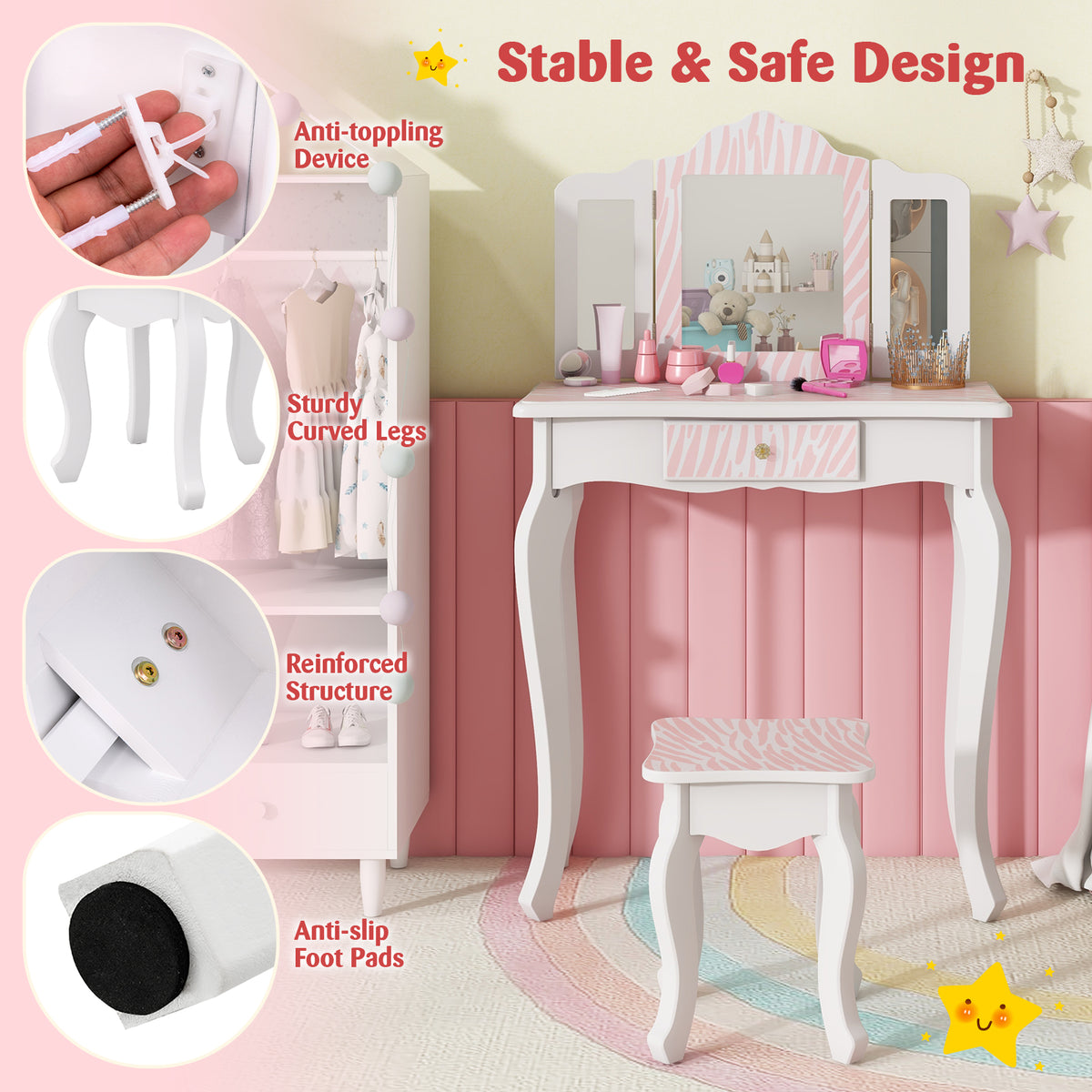Kids Vanity Set with Drawer and 3 Makeup Accessories Pink - Wooden & Acrylic Mirror