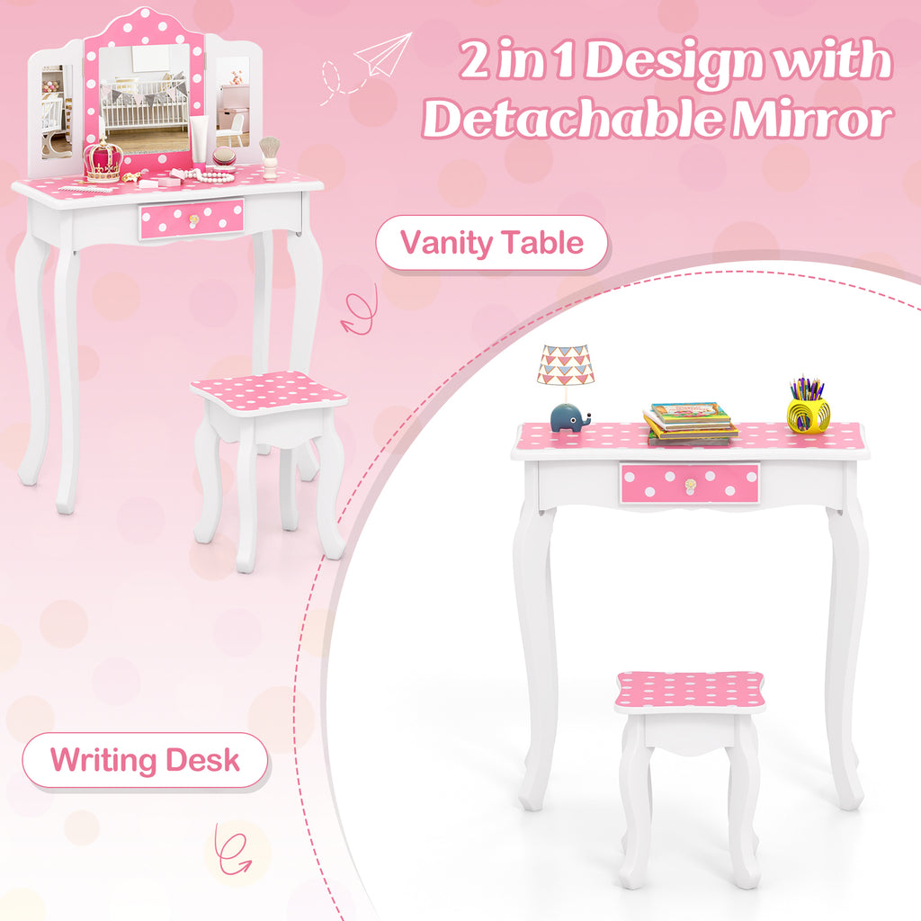 Princess Pretend Play Makeup Dressing Table with Polka Dot Print - Pink & Polka Dot Variation