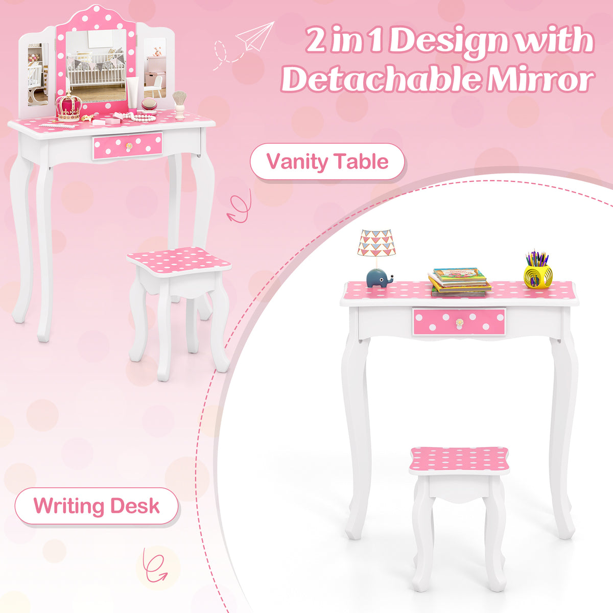 Princess Pretend Play Makeup Dressing Table with Polka Dot Print - Pink & Polka Dot Variation