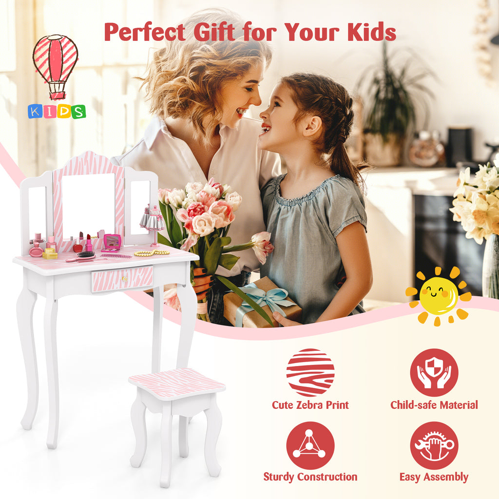 Kids Vanity Set with Drawer and 3 Makeup Accessories Pink - Wooden & Acrylic Mirror