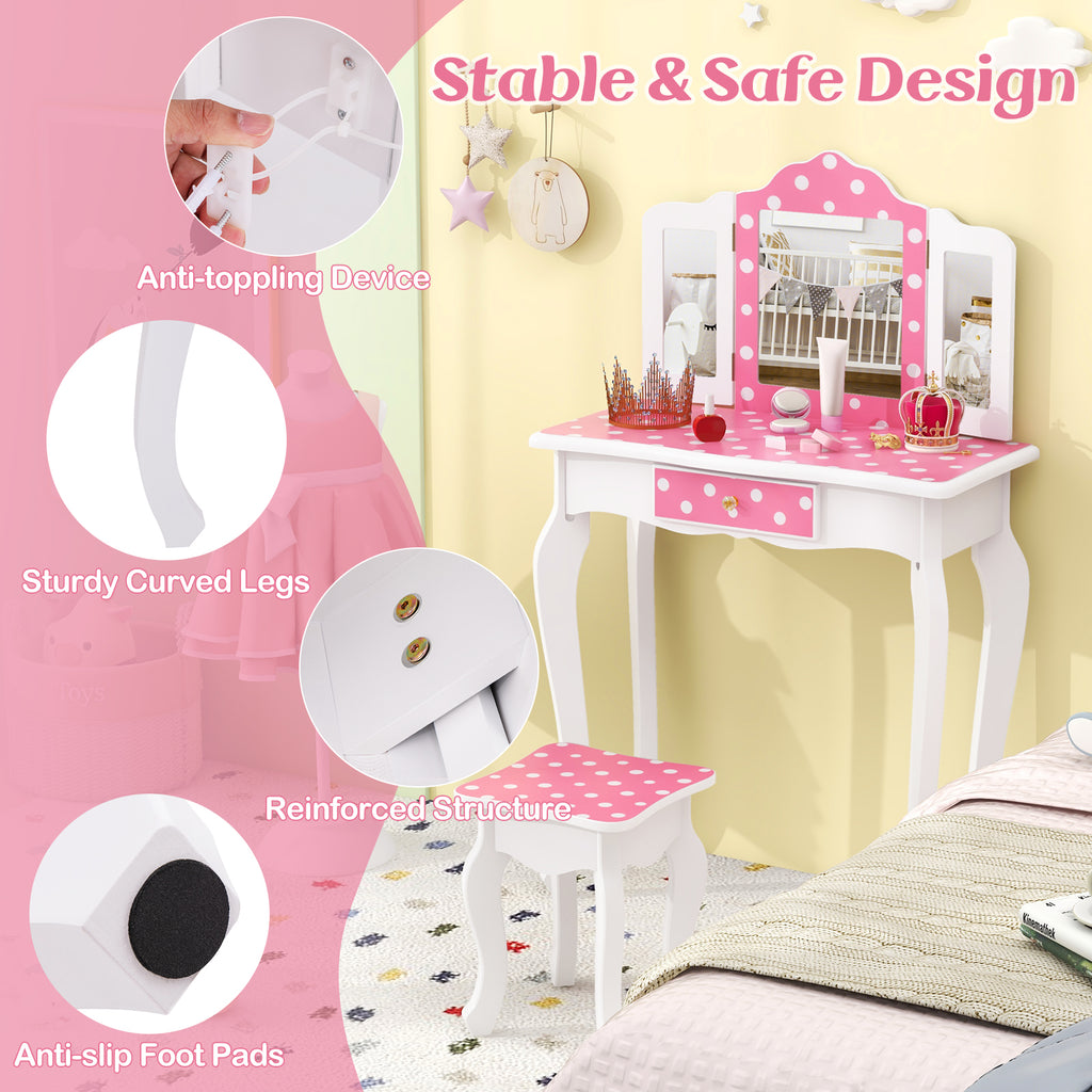 Princess Pretend Play Makeup Dressing Table with Polka Dot Print - Pink & Polka Dot Variation
