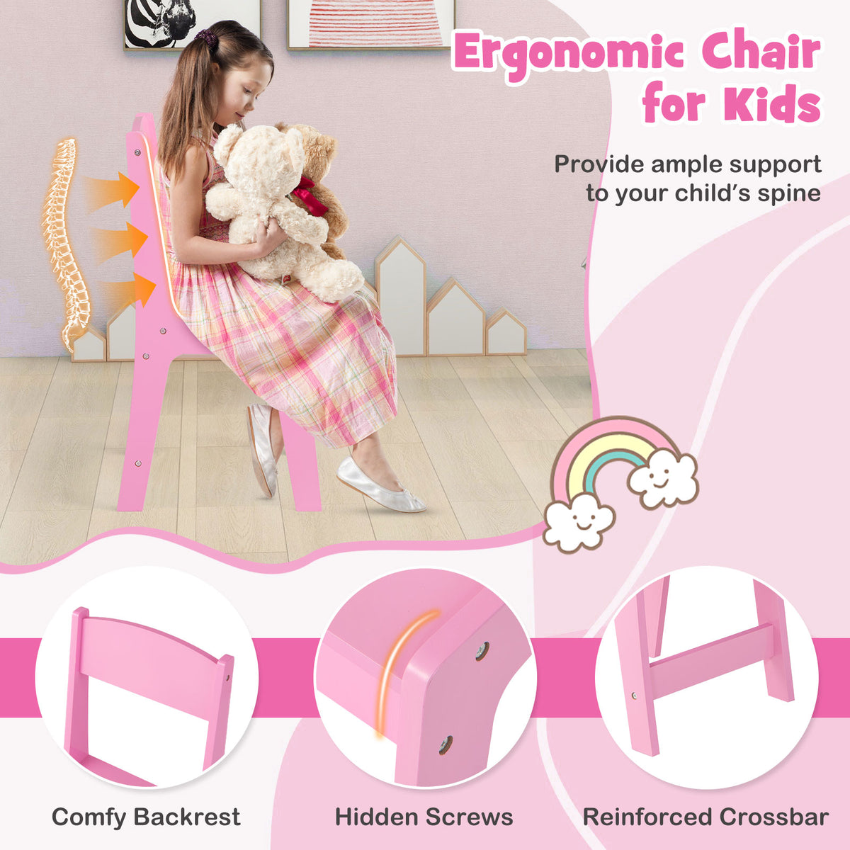 Kids Vanity Table and Chair Set - 3-Sided Mirror Without Light, Pink, Removable Mirrors & Storage Bins