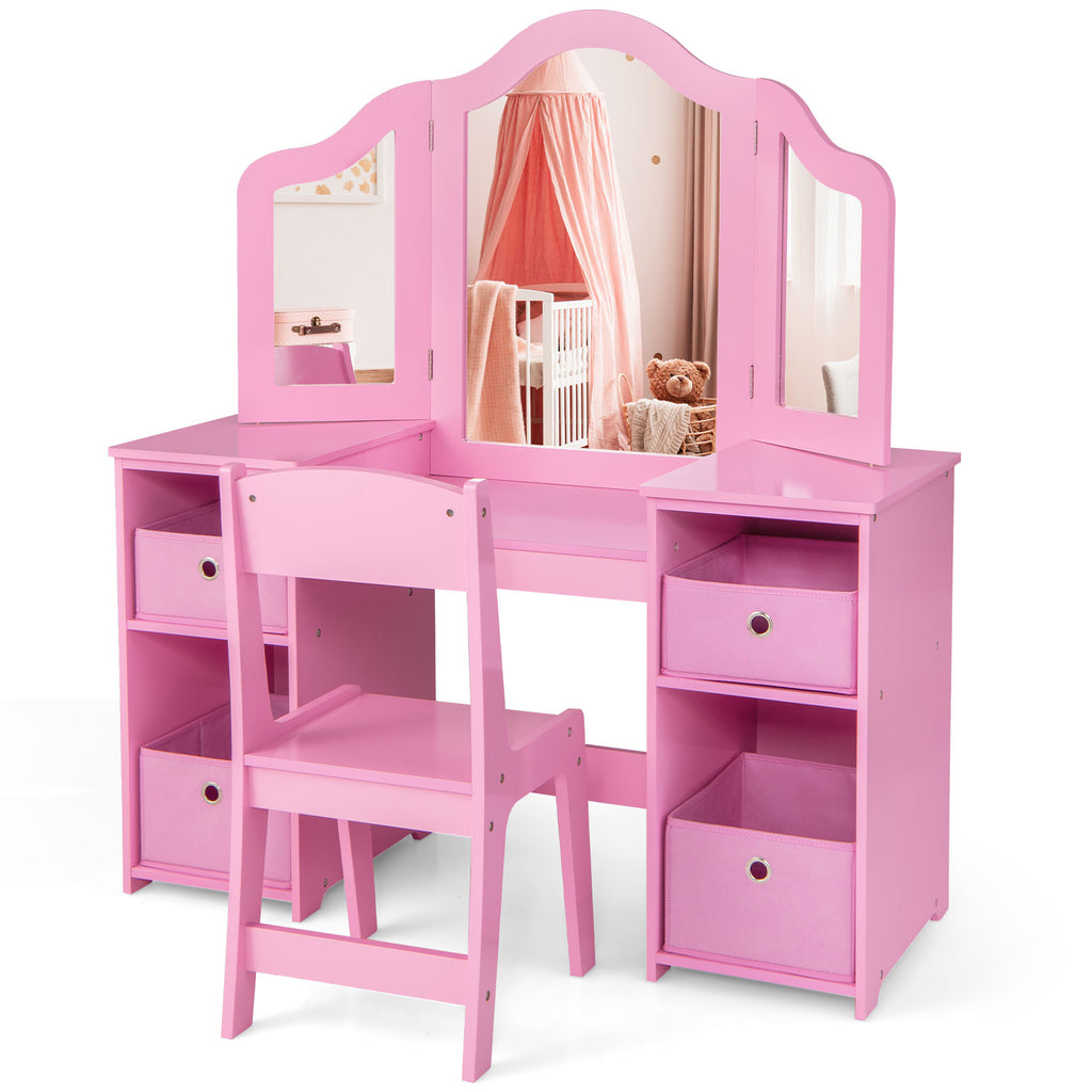 Kids Vanity Table and Chair Set - 3-Sided Mirror Without Light, Pink, Removable Mirrors & Storage Bins