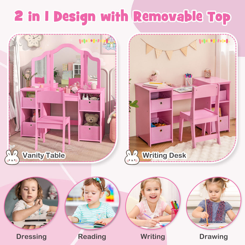 Kids Vanity Table and Chair Set - 3-Sided Mirror Without Light, Pink, Removable Mirrors & Storage Bins