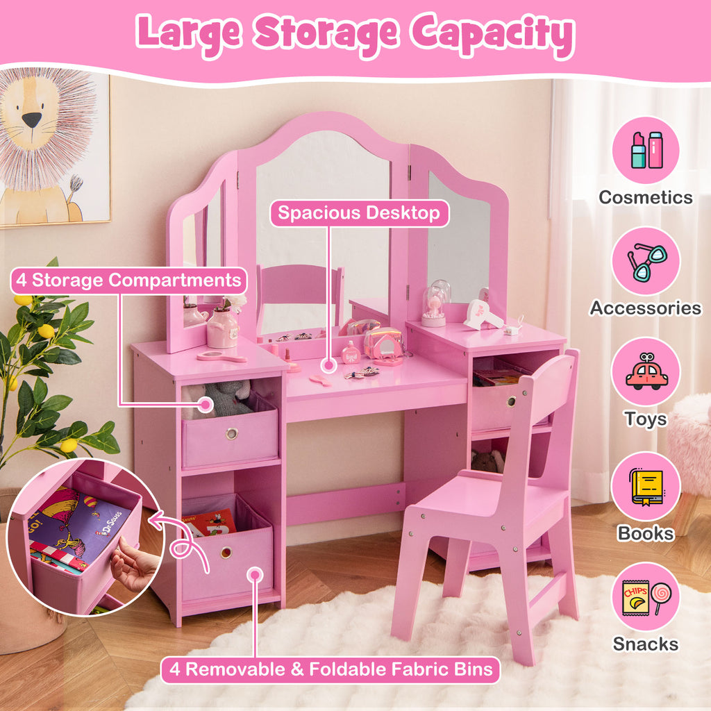 Kids Vanity Table and Chair Set - 3-Sided Mirror Without Light, Pink, Removable Mirrors & Storage Bins