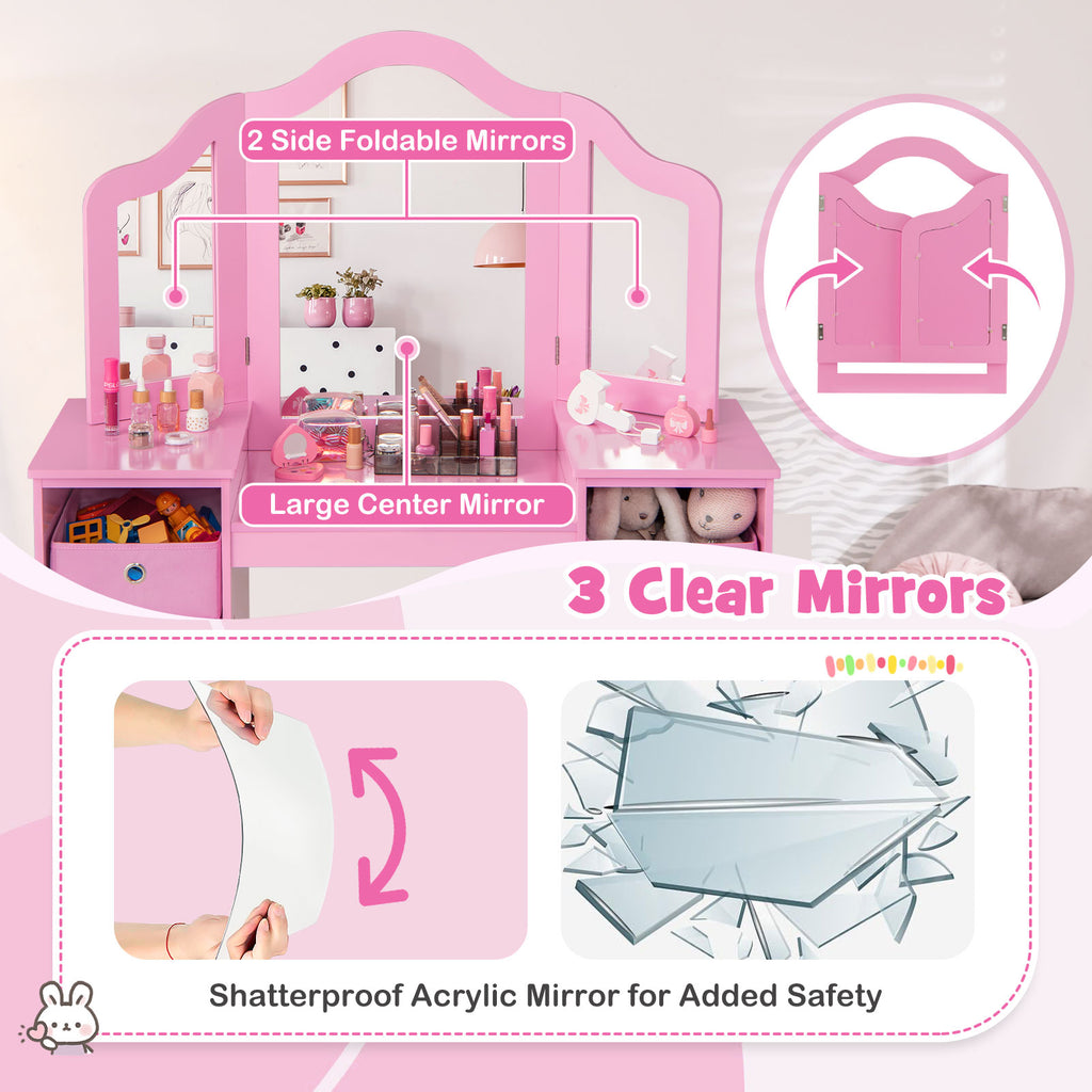 Kids Vanity Table and Chair Set - 3-Sided Mirror Without Light, Pink, Removable Mirrors & Storage Bins