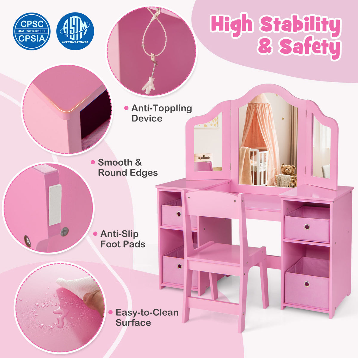 Kids Vanity Table and Chair Set - 3-Sided Mirror Without Light, Pink, Removable Mirrors & Storage Bins