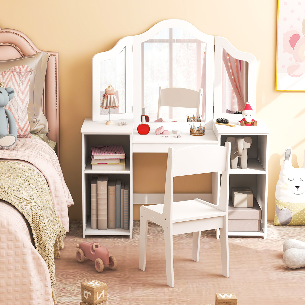 Kids Vanity Table and Chair Set with Removable Tri-Folding Mirror - White