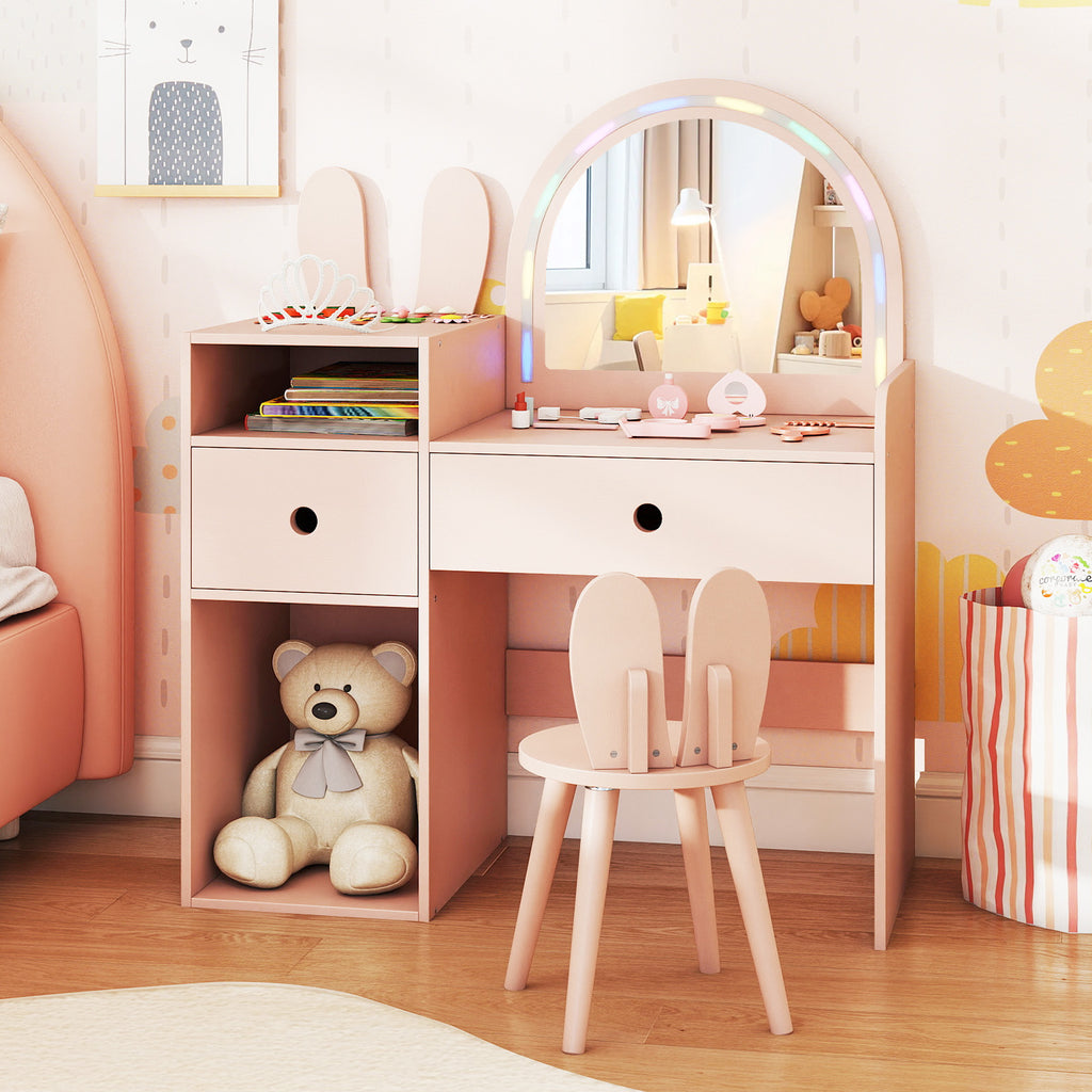Kids Vanity Desk & Chair Set with Lights & Open Shelves - Pink Rabbit Variation