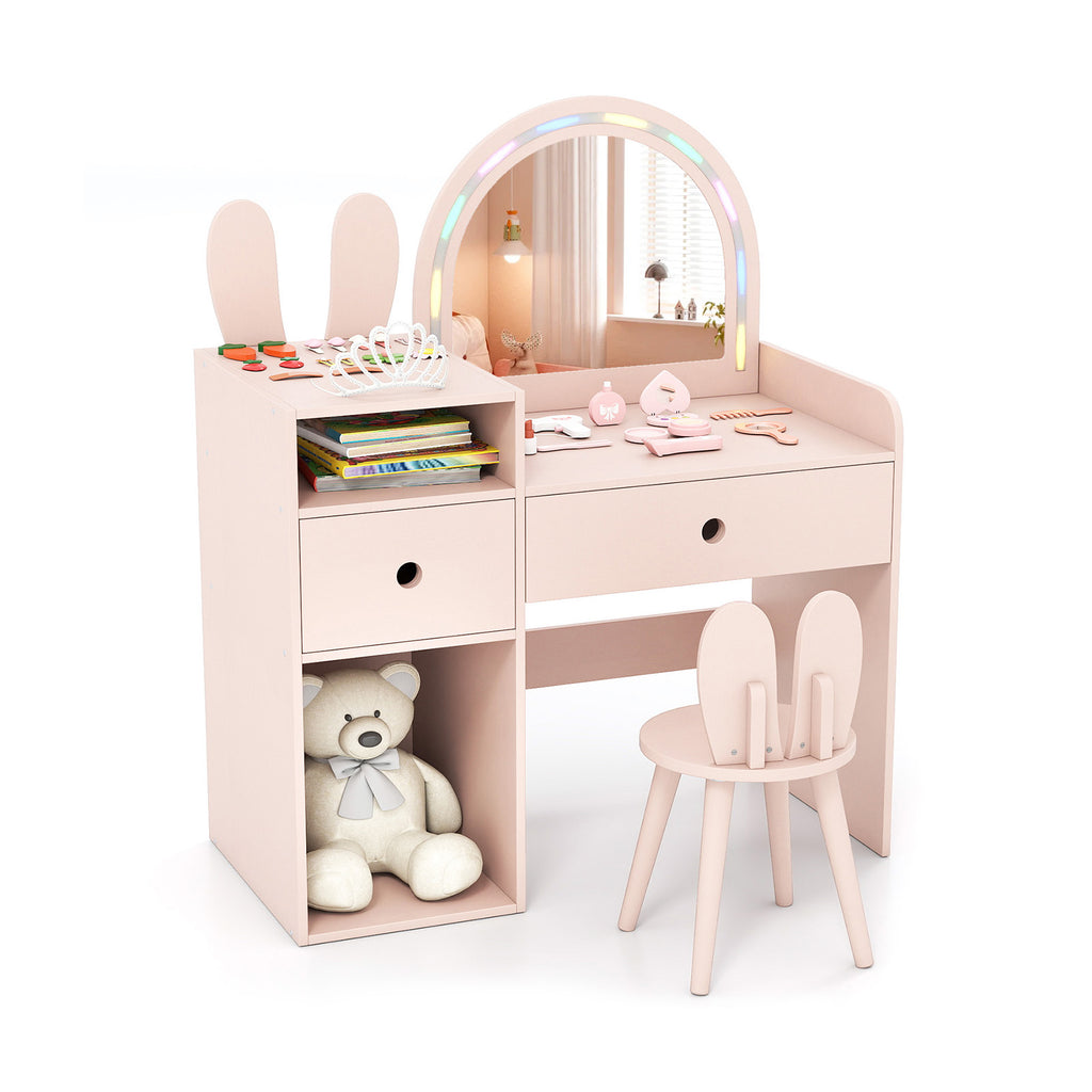 Kids Vanity Desk & Chair Set with Lights & Open Shelves - Pink Rabbit Variation