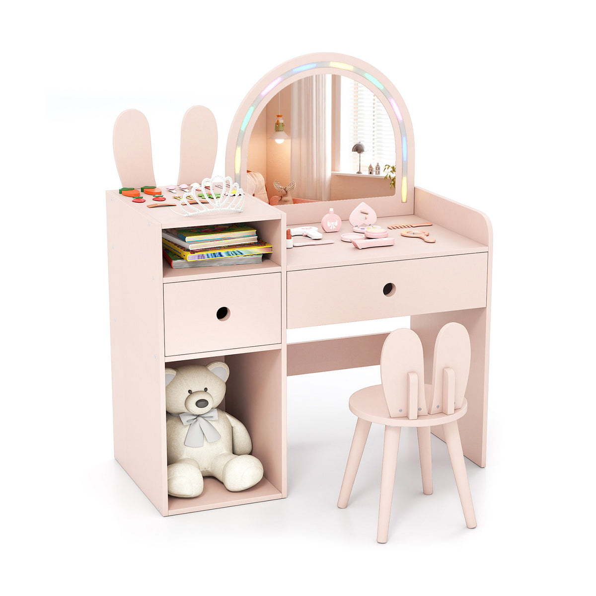 Kids Vanity Desk & Chair Set with Lights & Open Shelves - Pink Rabbit Variation