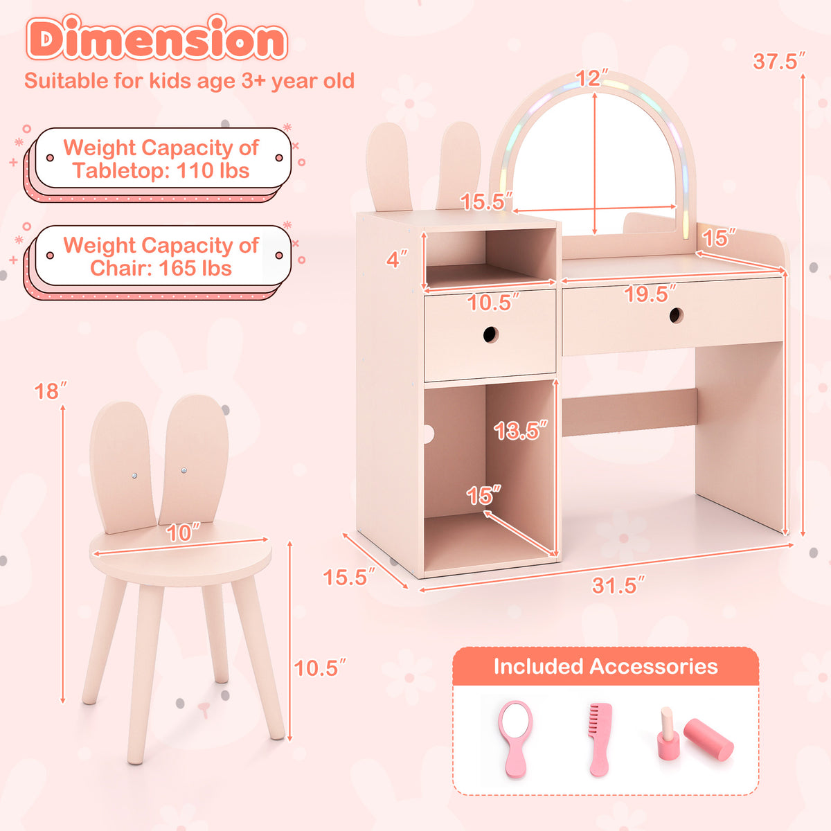 Kids Vanity Desk & Chair Set with Lights & Open Shelves - Pink Rabbit Variation