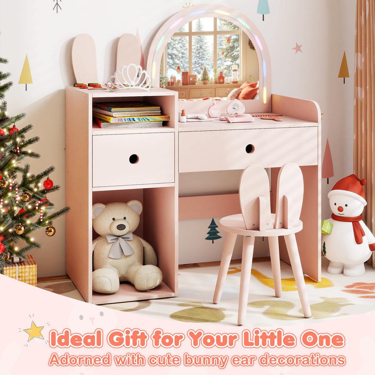 Kids Vanity Desk & Chair Set with Lights & Open Shelves - Pink Rabbit Variation