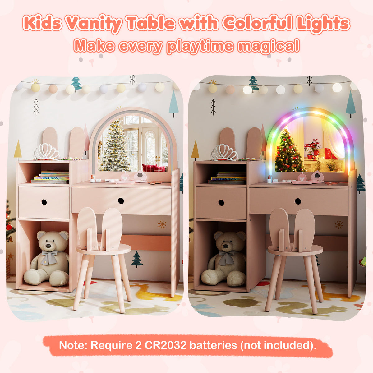 Kids Vanity Desk & Chair Set with Lights & Open Shelves - Pink Rabbit Variation