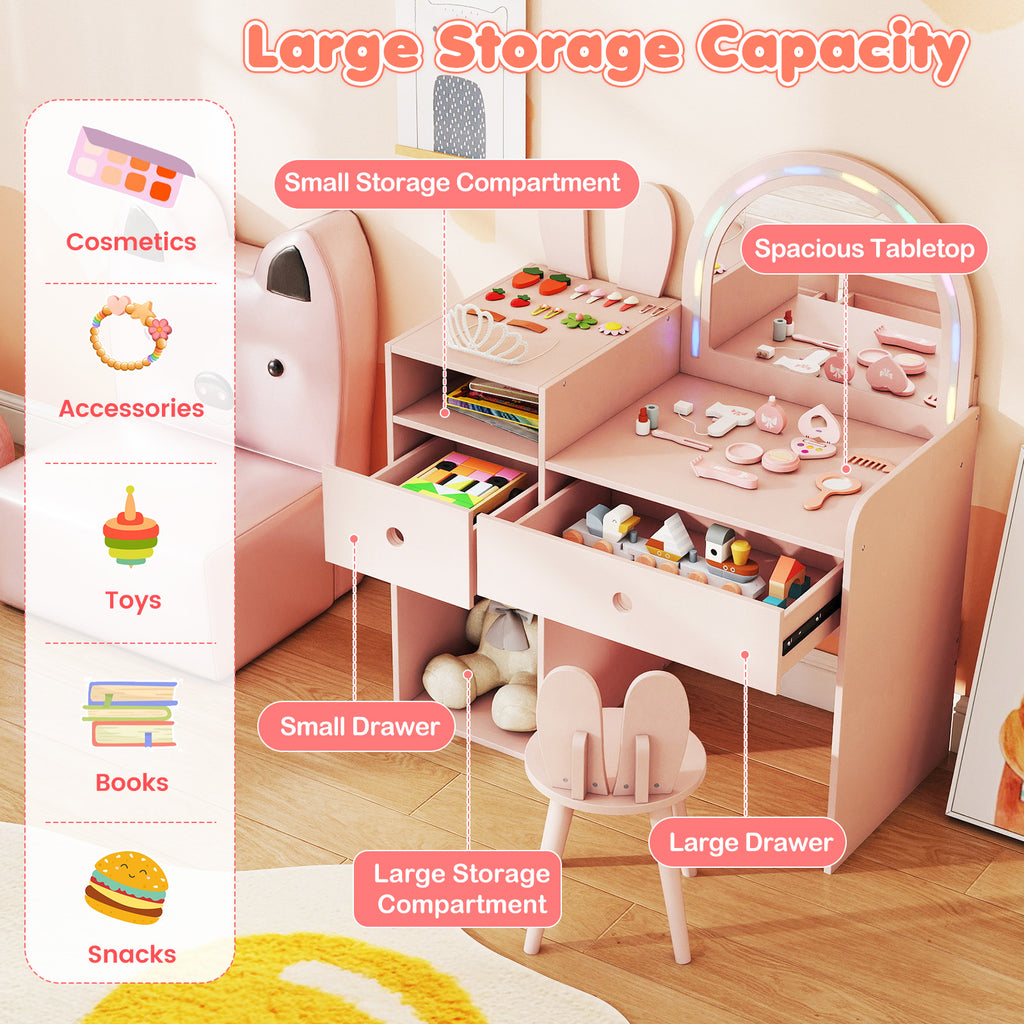 Kids Vanity Desk & Chair Set with Lights & Open Shelves - Pink Rabbit Variation