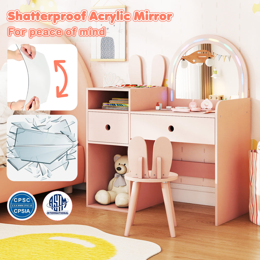 Kids Vanity Desk & Chair Set with Lights & Open Shelves - Pink Rabbit Variation