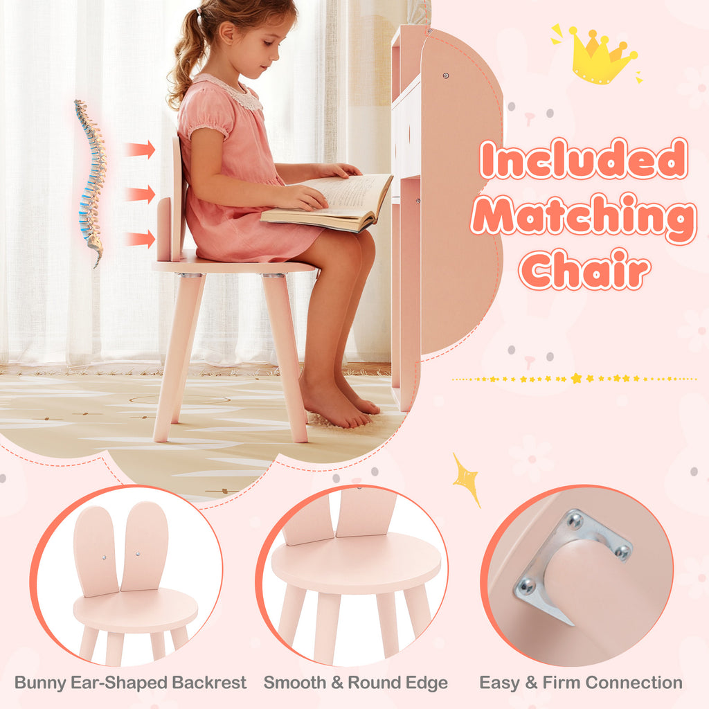 Kids Vanity Desk & Chair Set with Lights & Open Shelves - Pink Rabbit Variation