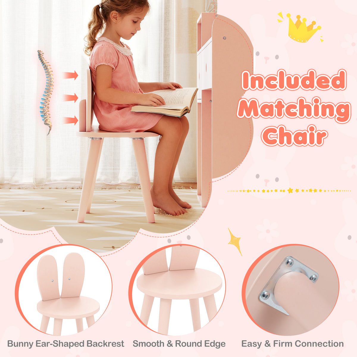 Kids Vanity Desk & Chair Set with Lights & Open Shelves - Pink Rabbit Variation