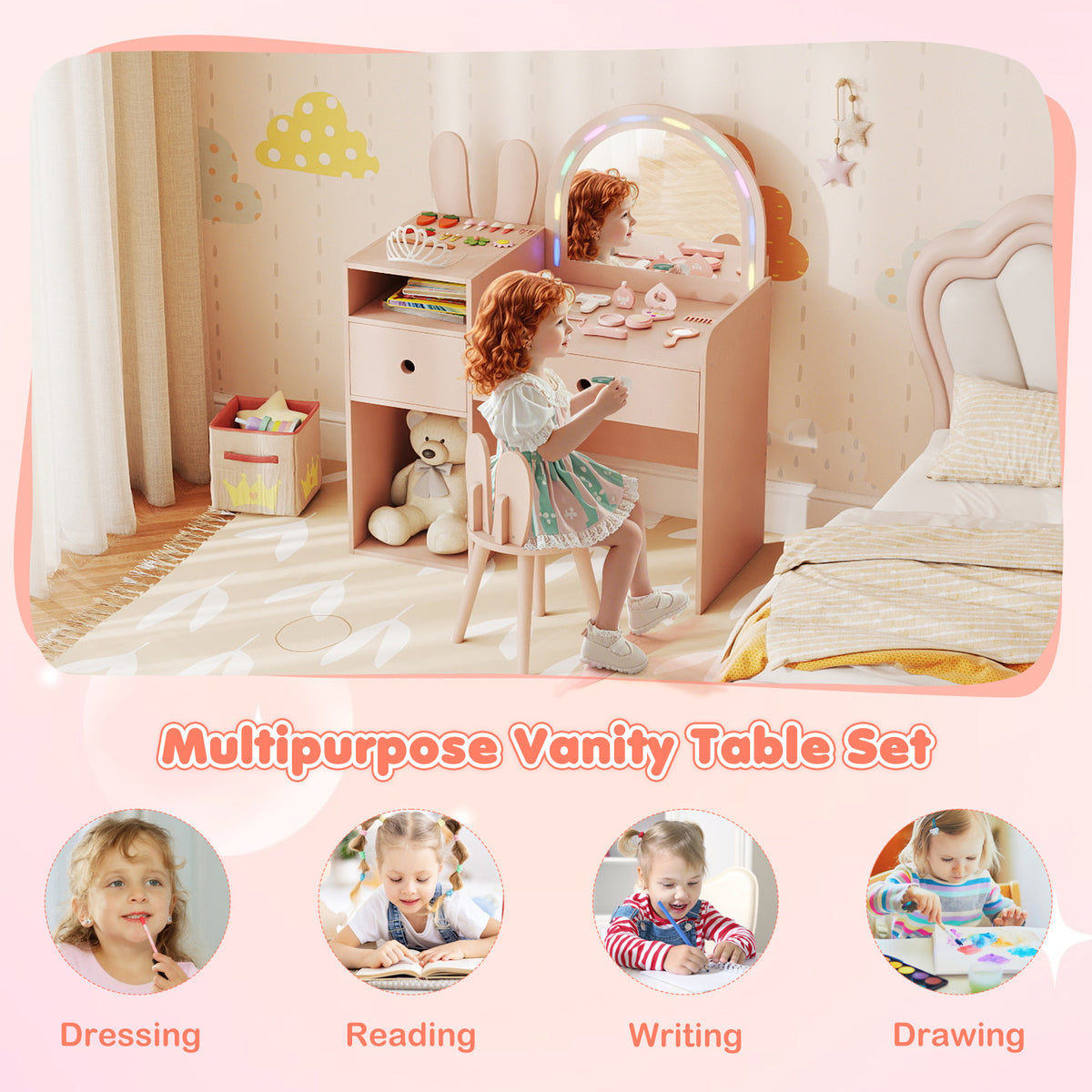 Kids Vanity Desk & Chair Set with Lights & Open Shelves - Pink Rabbit Variation