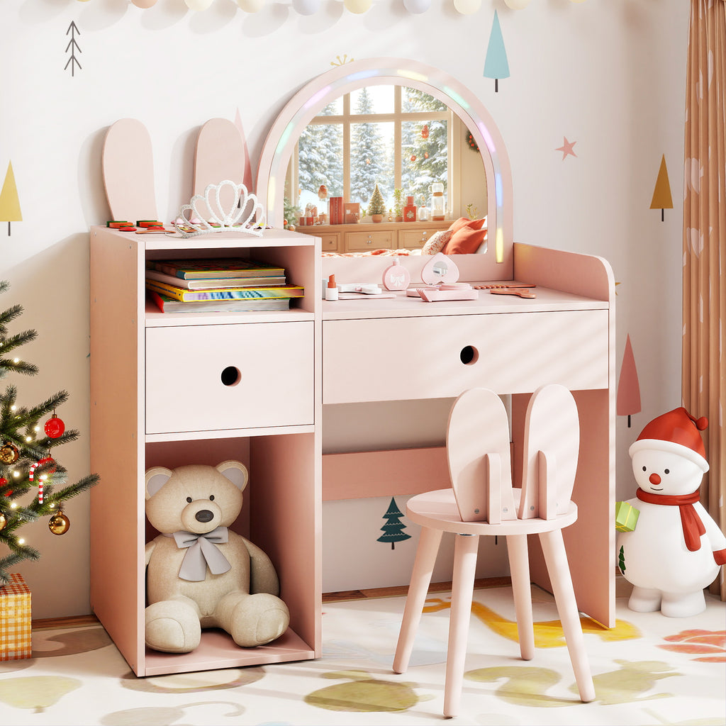 Kids Vanity Desk & Chair Set with Lights & Open Shelves - Pink Rabbit Variation
