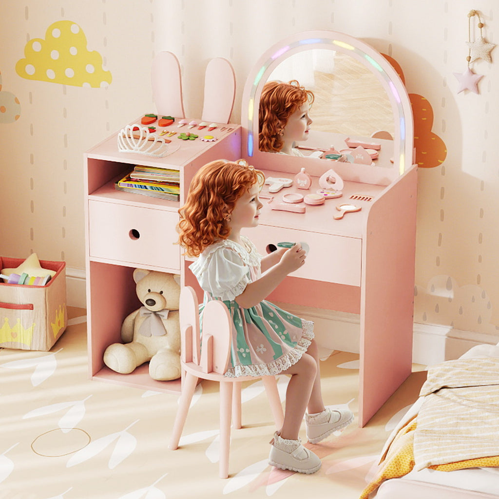 Kids Vanity Desk & Chair Set with Lights & Open Shelves - Pink Rabbit Variation